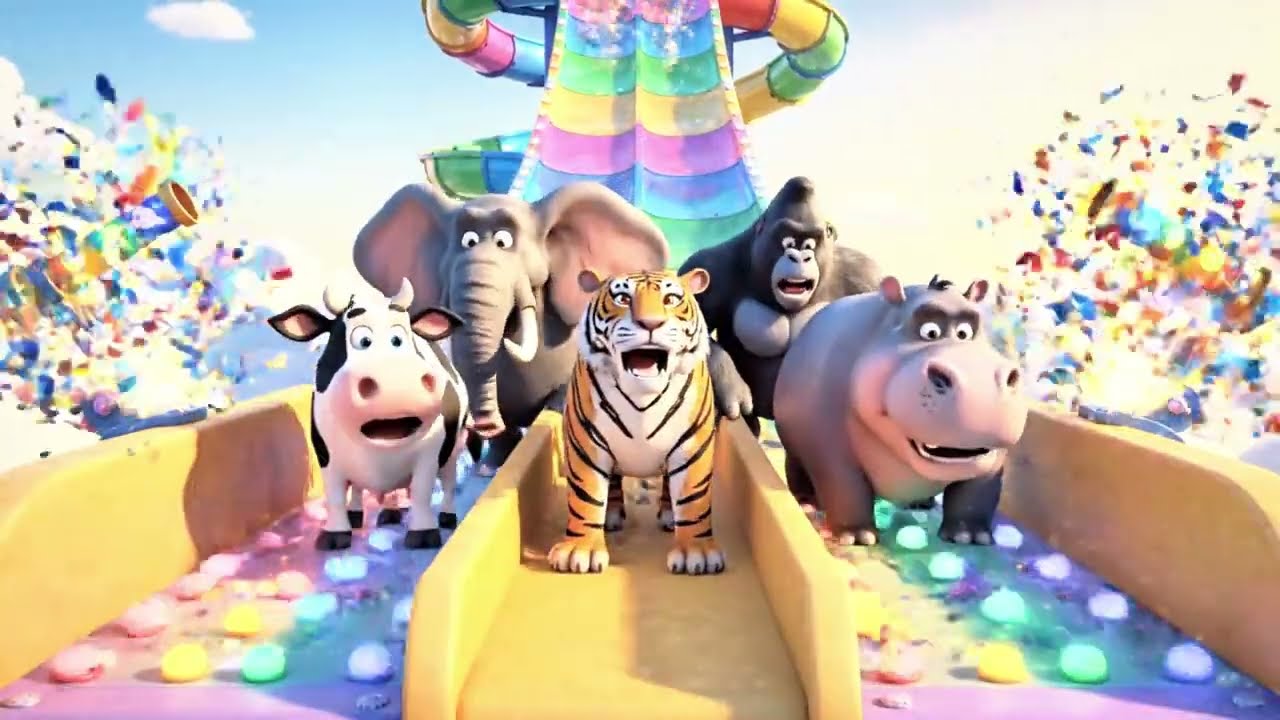 Long Slide Game With Cow Elephant Gorilla Hippopotamus Tiger - 3d Animal Game - Funny 3d Animals