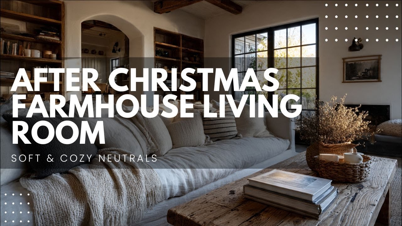 Гостиная в стиле фермерского дома после Рождества | Мягкие и уютные нейтральные тона
