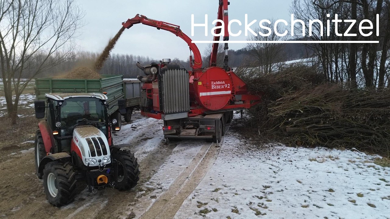 Hackschnitzel hacken mit Eschlböck Biber 92 und Steyr Traktoren