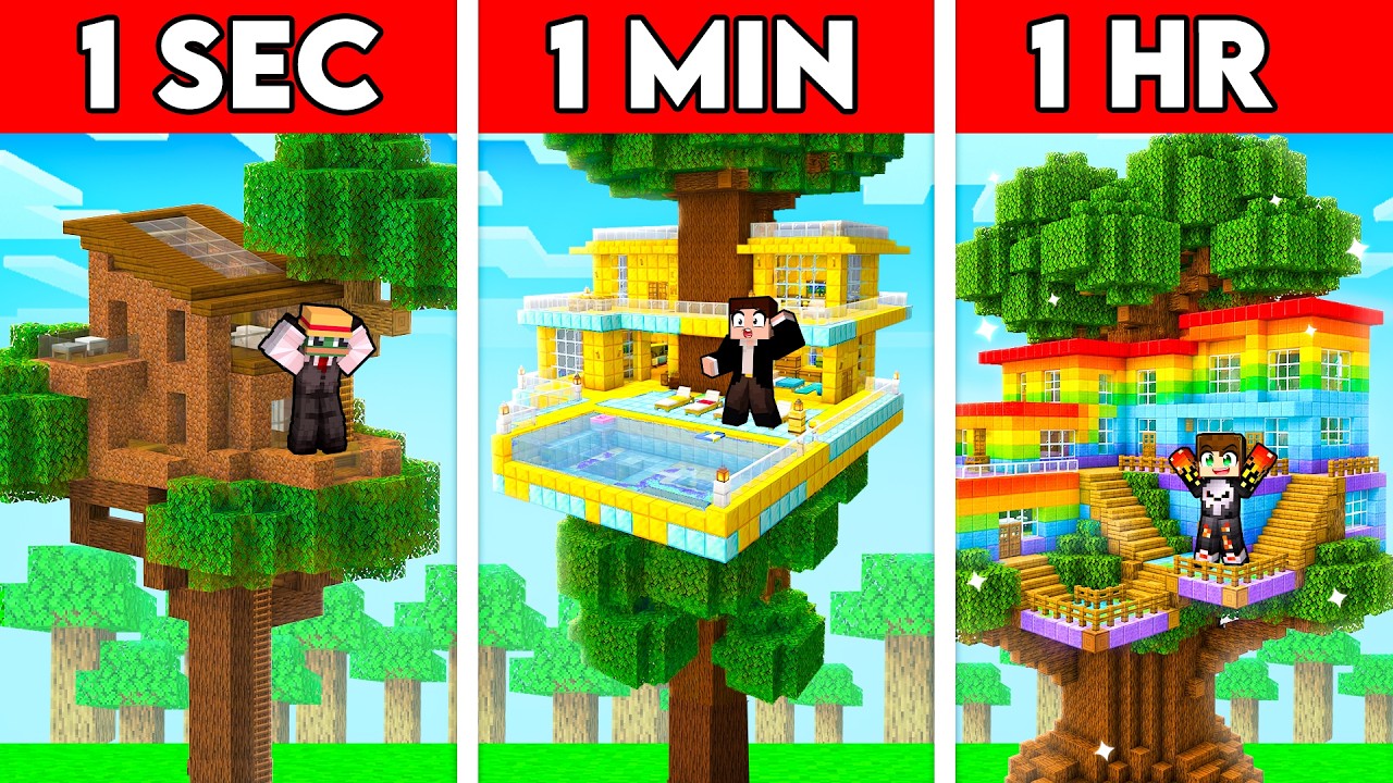 1 SECOND VS 1 HOUR TREEHOUSE BUILD BATTLE IN MINECRAFT!!