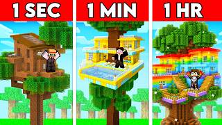 1 SECOND VS 1 HOUR TREEHOUSE BUILD BATTLE IN MINECRAFT!!