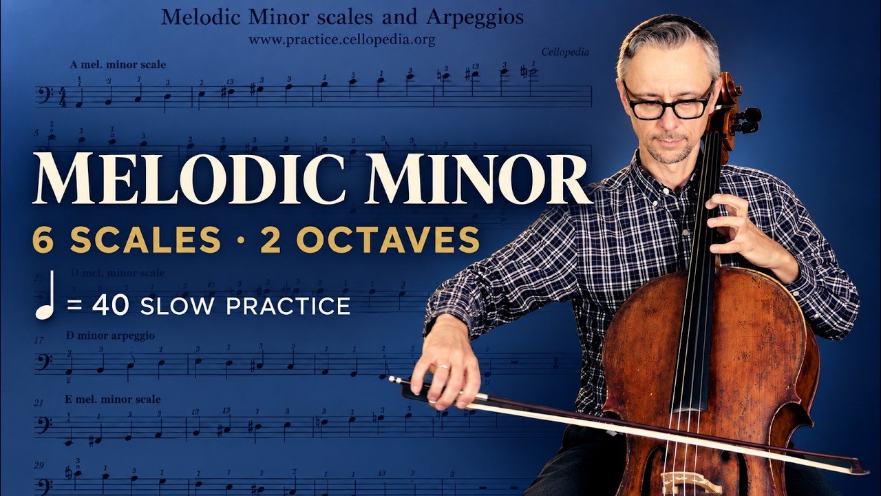 Slow Practice: 2 Octave Melodic Minor Cello Scales and Arpeggios | A, D, E, G, C and F