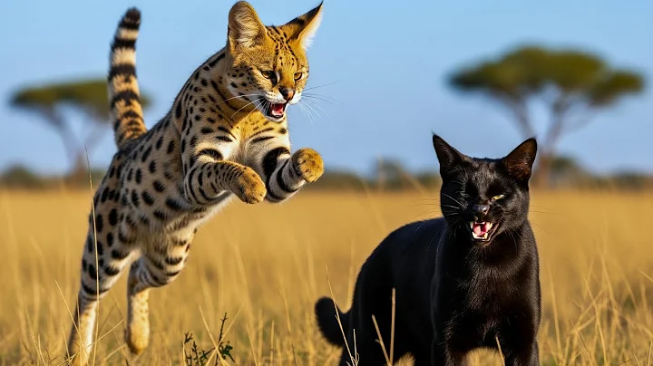 Video 11457471: black serval, cat ear, cat hunting, feline