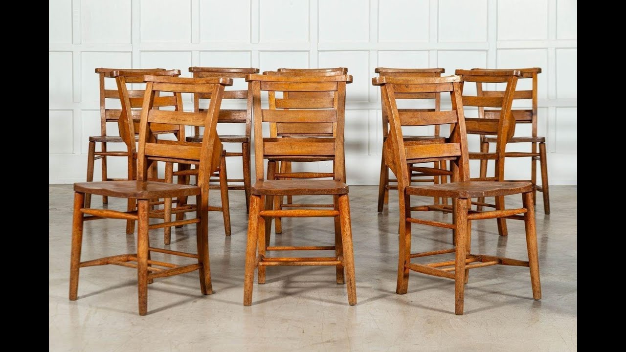 Set 12 19thC Beech & Elm Chapel Chairs