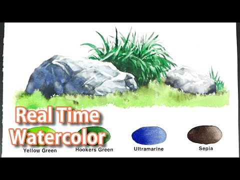 [Real <strong>Time</strong>]  Basic Watercolor - Rocks and Grass(1x speed video, sketch &amp;amp; color name <strong>view</strong>).
