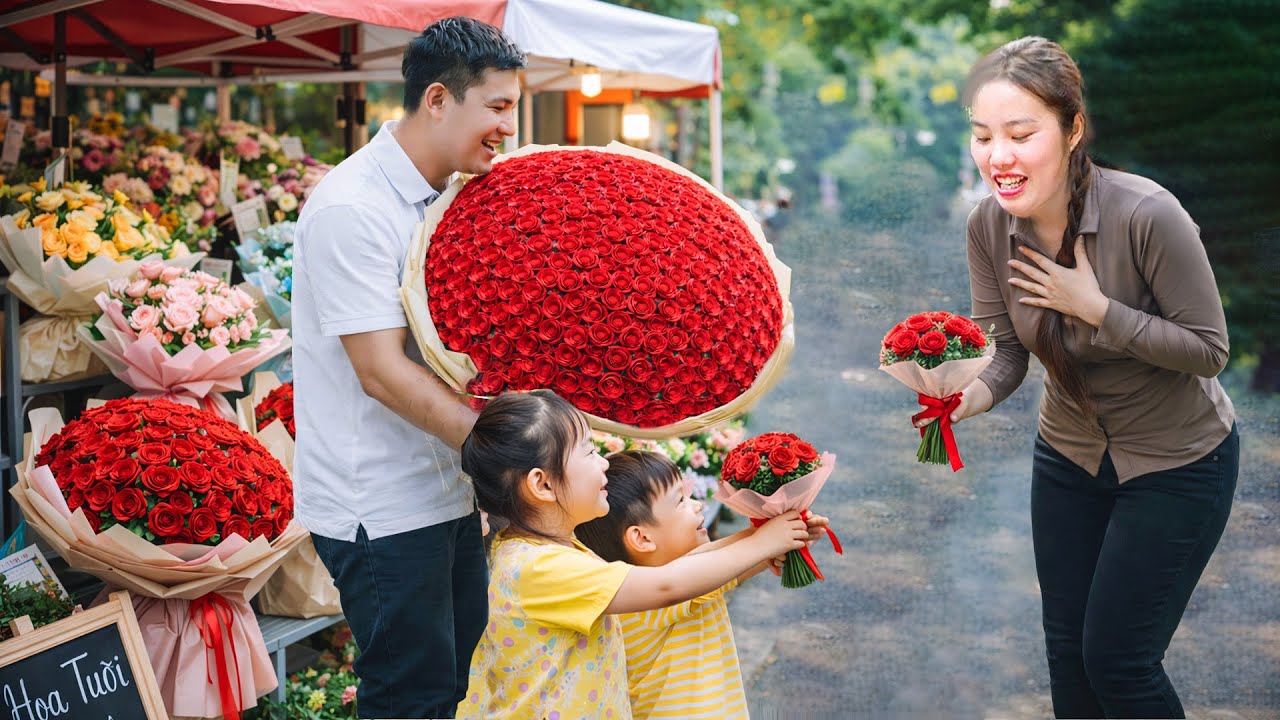 Harvesting giant bananas and dried fish to sell at the market, growing flowers with my two children