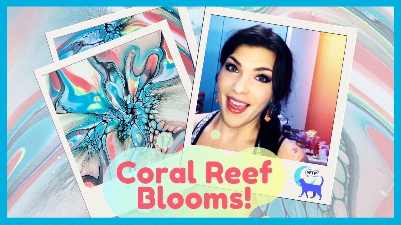#1 Coral Reef Bloom Tiles - acrylic paint pouring ~ coral and turquoise like a beach vacation 