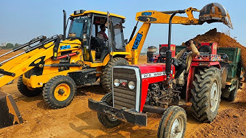 JCB 3dx Eco Xpert Loading Red Mud in Trolley Massey 245 Eicher 380 Mahindra 275 Tractors Stuck