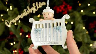 Ornaments by Elves: Personalized Blue Baby Boy in Crib Christmas Ornament OBE-OR1732-B