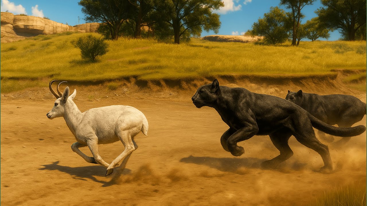 White Horse Hunted by 4 Hungry Panthers in the Grass Land – Intense Chase