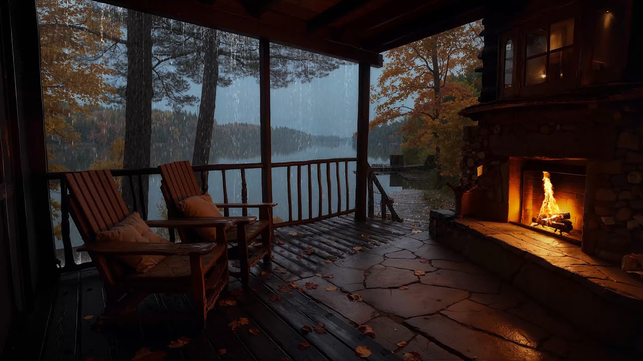 Tranquil Cabin Ambience with Rainfall by the Lake and Fireplace Sounds ...