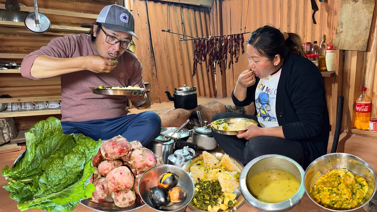Fresh Greens, Potato Curry Cooking & Eating | Traditional Food Recipe | Countryside Life Nepal Vlog