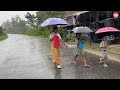 Heavy monsoon rain and thundera walk through villages