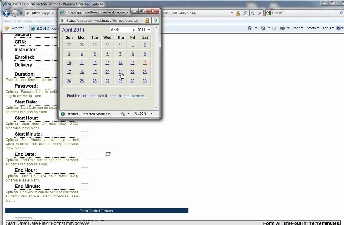 Setting an SLO Exam start date/time in Spring 2011