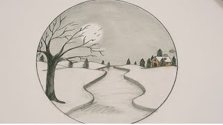 رسم فصل الشتاء في دائرة بقلم رصاص  How to draw winter
