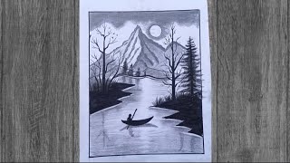 How to Draw a Beautiful Sunset Lake Scene - Easy Pencil Landscape Drawing