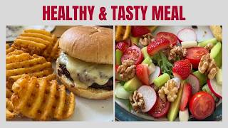 Cheese Burger, Grilled Waffle Fries and a Walnut Fruit Salad.