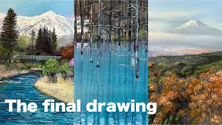 青色の自然風景画 湖と馬 413【最後の描きこみ！】白馬、青い池、もう一枚を描く。 - YouTube