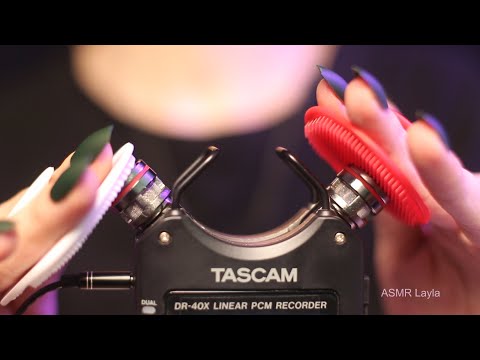 ASMR Brain Melting Triggers| Tascam Rough Ear Cleaning (Silicone Brush, Eyebrow Brush, Hair Roller)