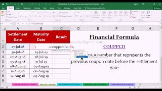 COUPPCD Financial Formula with Example in MS Office Excel Spreadsheet 2016