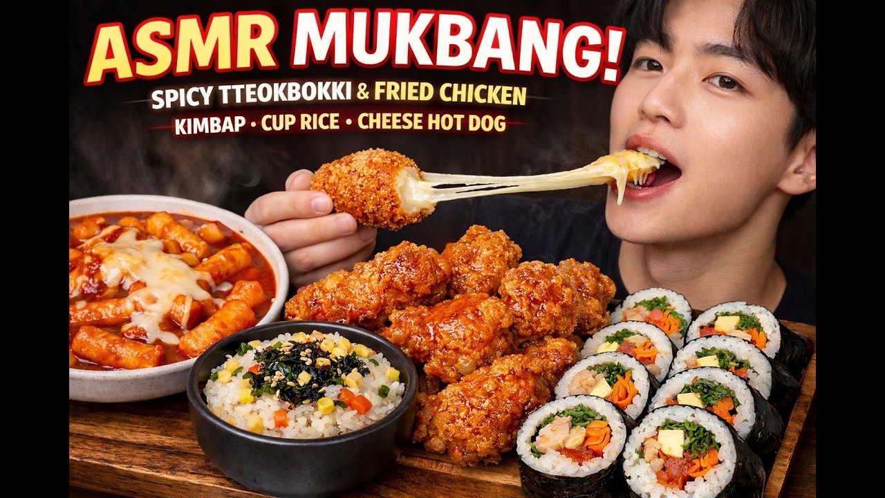 ASMR MUKBANG  Extra Spicy Tteokbokki, Crispy Fried Chicken, Kimbap, Cup Rice, Mozzarella Cheese Hot