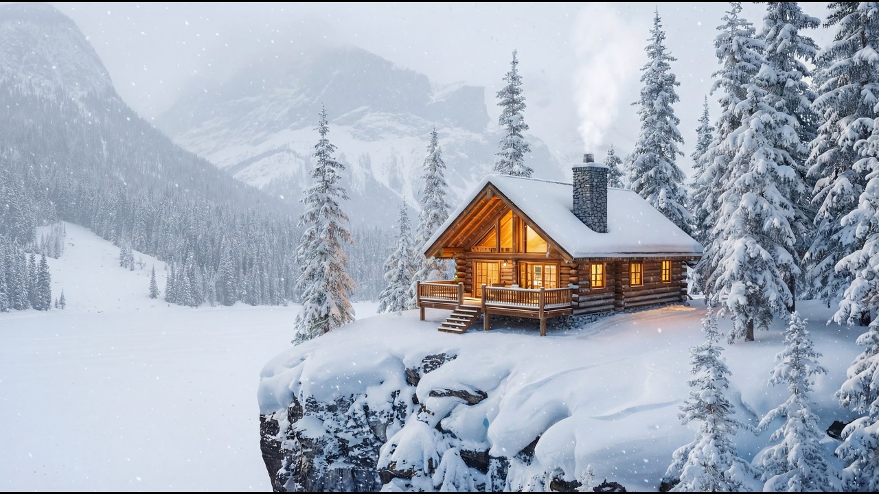 Cozy Snowy 🌨️ Cabin Cliffside Ambience Music with Soft Flute Melody | Relax & Study 😌