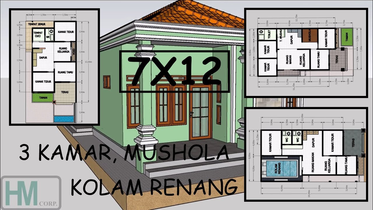 3 DESAIN RUMAH  7x12 3 KAMAR TIDUR DAN KOLAM RENANG ADA  