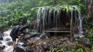 Two Friends Build a Unique Bushcraft Shelter by the River During Heavy Rain & Thunder‼️