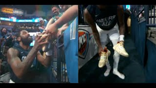 Kyrie Irving gives away his game shoes to a young fan after the Mavs win over the Thunder in game 2!