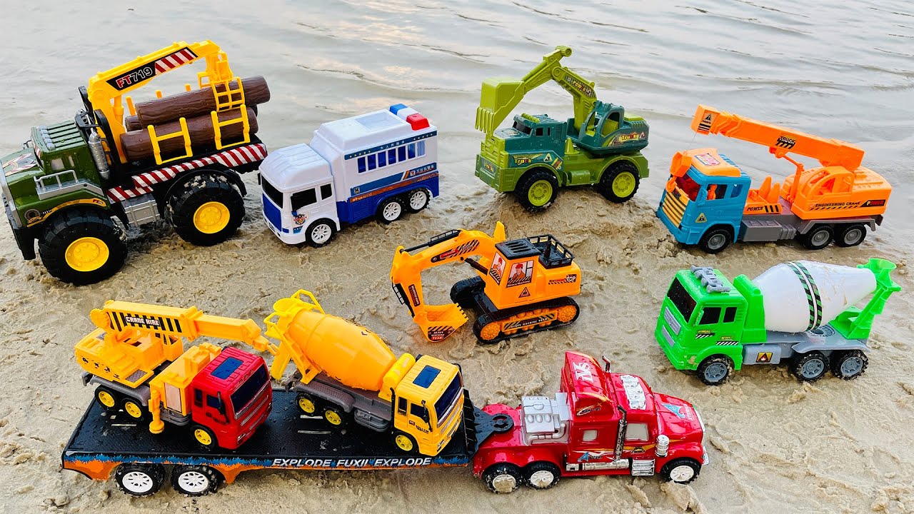 Car Toys Falling Into Water Trucks, Cranes, Sand Excavators, Police
