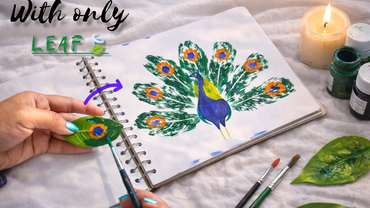 Peacock painting with leaf 🌿 | easy painting idea | relaxing painting | #peacock #peacockpainting 