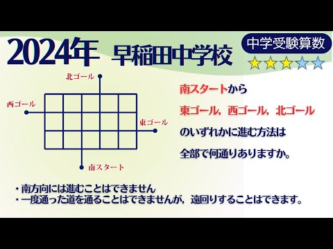 【中学受験算数/SPI】道順の場合の数 脳トレ問題 2024年 早稲田中学校. ☆3.1【基礎問題演習/偏差値up】