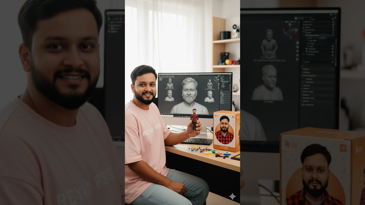 A young man sitting at a modern workspace, smiling while holding a realistic 