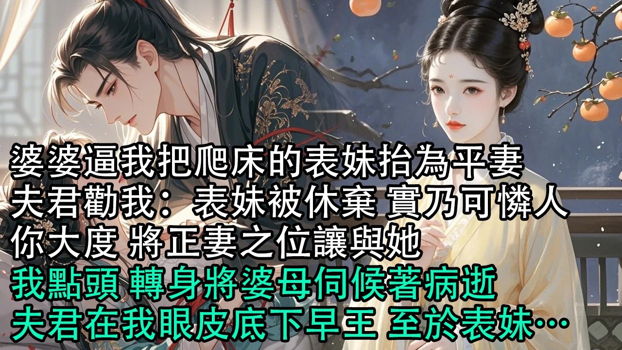 【一口氣看完】婆婆逼我把爬床的表妹抬為平妻，夫君勸我：表妹被休棄 實乃可憐人，你大度 將正妻之位讓與她，我點頭 轉身將婆母伺候著病逝，夫君在我眼皮底下早王 至於表妹…#古言 #有聲小說 #情感故事