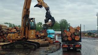 log loader loading peterbilt 4 bunker by Portmann Bridge in Coquitlam BC