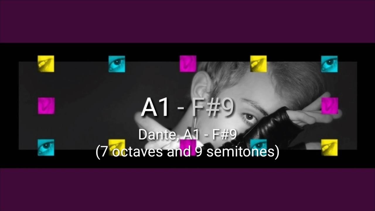 Dante, A1 - F#9 (Melodic vocal range) 7 octaves and 9 semitones