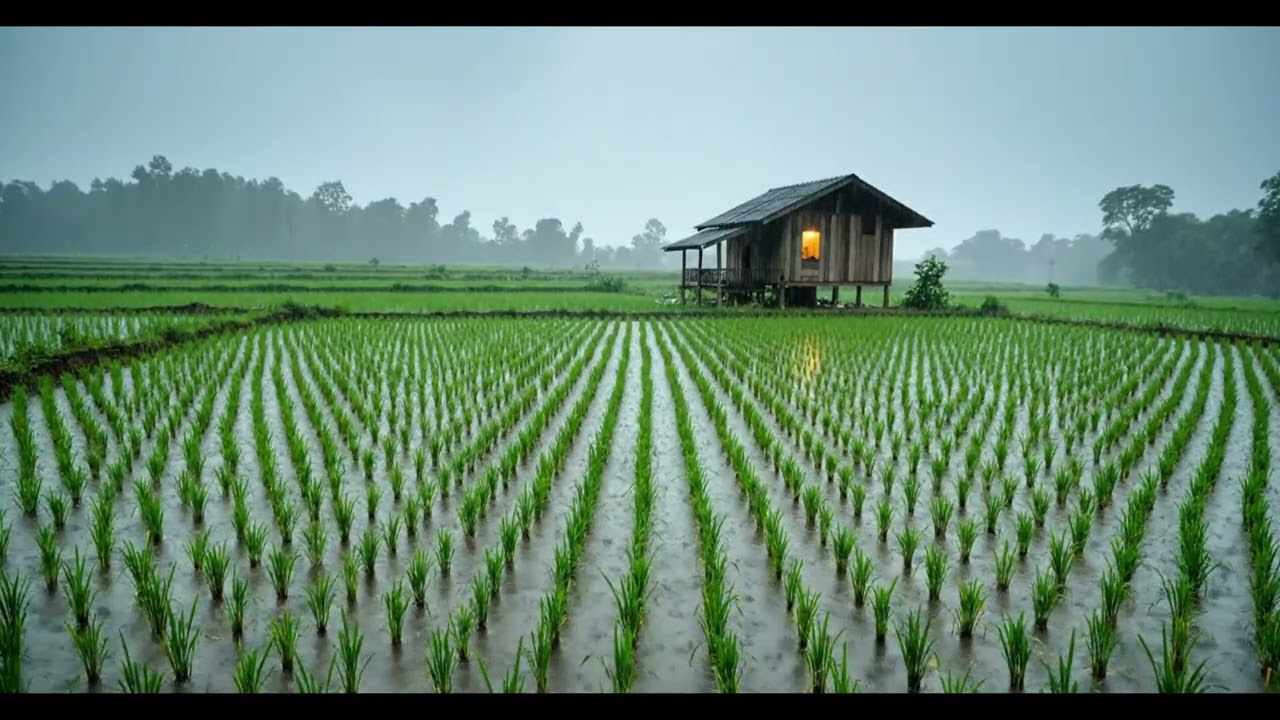 10 Hours of Gentle Rain in a Quiet Rice Field Cabin at Dusk for Deep Sleep and Relaxing Ambience
