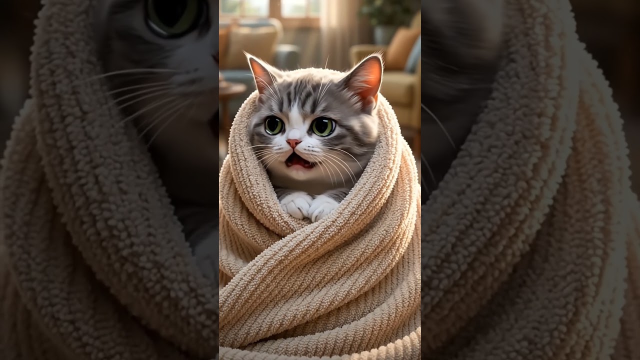 cute, sad cat wrapped in a comfy blanket 😀 