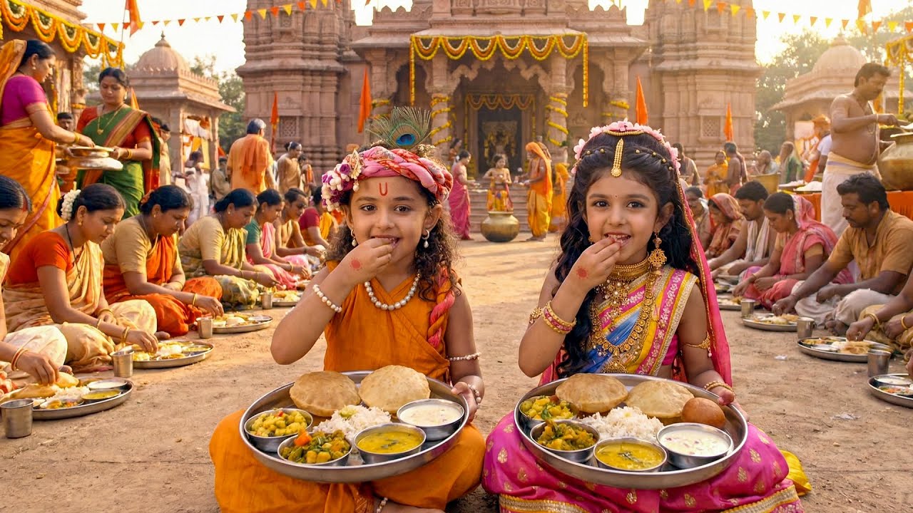 भंडारे में प्रसाद खाते बाल कान्हा–राधा, मंदिर प्रांगण में छाई दिव्य खुशी || Shree Krishan Leela