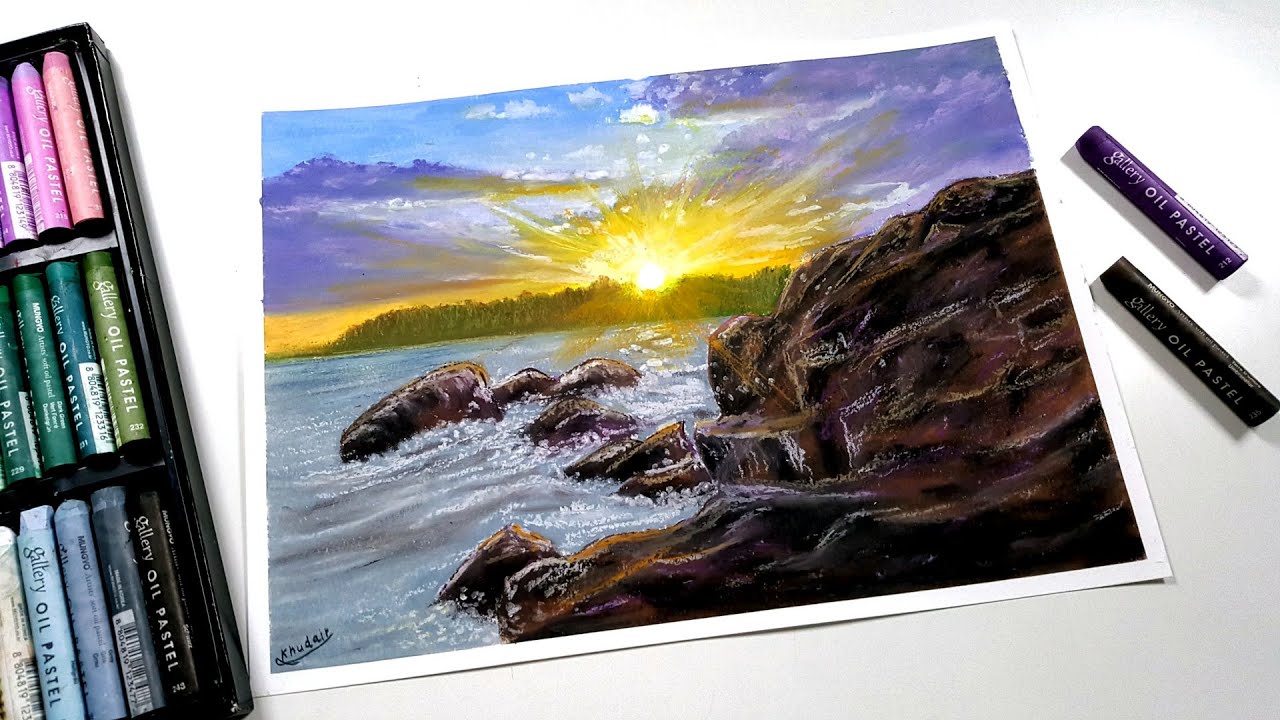 Drawing Sunset Riverside landscape with oil pastel Swanee art step by step