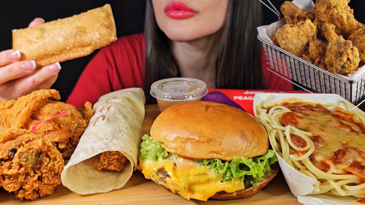 SPICY FRIED CHICKEN + CHEESEBURGER | EATING FAST FOOD | ASMR MUKBANG