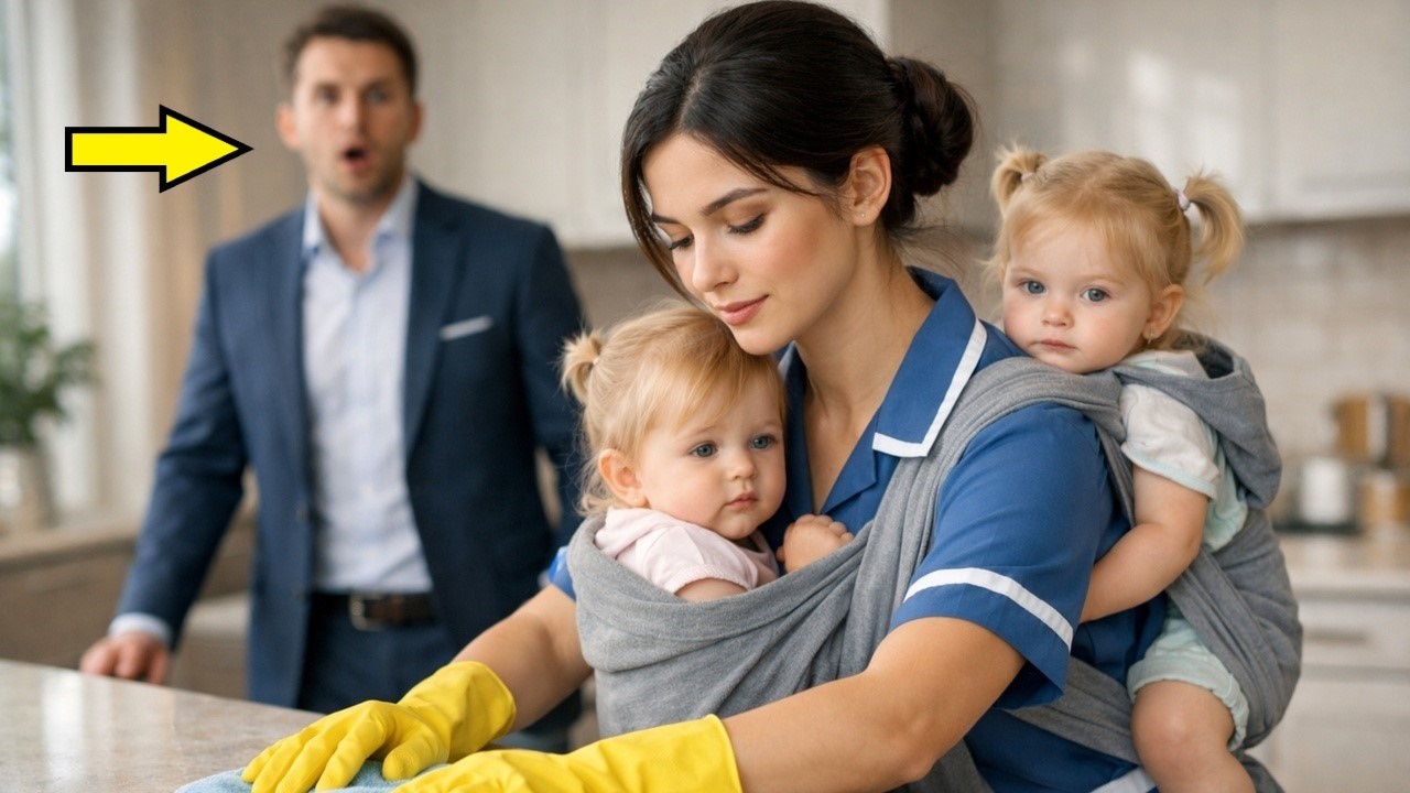 El millonario ve a la nueva limpiadora con sus gemelas en brazos… jamás imaginó la verdad