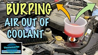 How to burp get air out while adding coolant on Pentastar 3.6 & other engines.