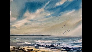 Loose Watercolour Sky Practice, Paint a Simple Hake Brush Seascape, 1 Sky A Day Landscape Tutorial screenshot 5