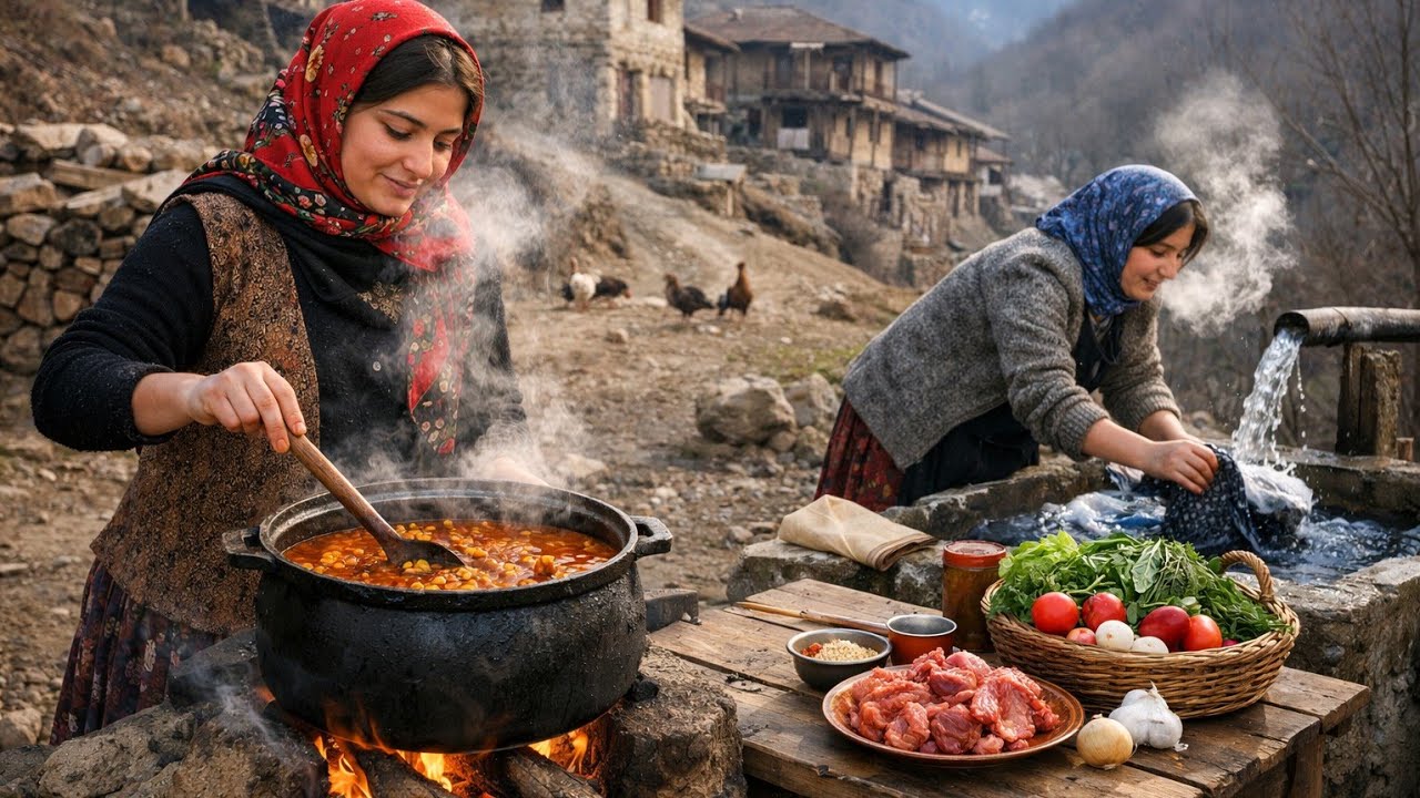 A beautiful winter day, simple living, and homemade food cooked over the fire 🔥❄️