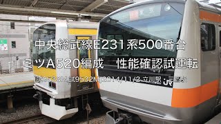 【中央総武線】E231系500番台ミツA520編成 [試9533M,試9532M] 立川駅、三鷹駅