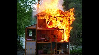 : Roaring fire attacks barbies in a burning dollhouse