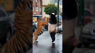 A Fierce Fight Between A Tiger And A Panda On A City Street
