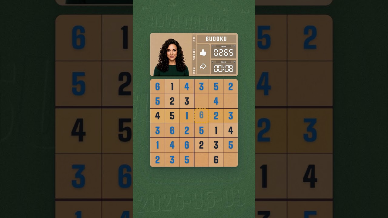 LinkedIn Mini Sudoku #265 solved board for May 3, 2026, 6x6 grid