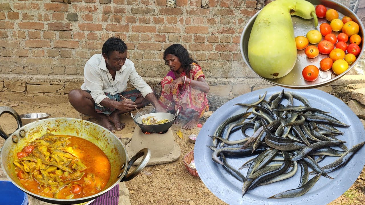Tur Fish small EEl FISH curry with PUMPKIN cooking for tribe husband and wife ...